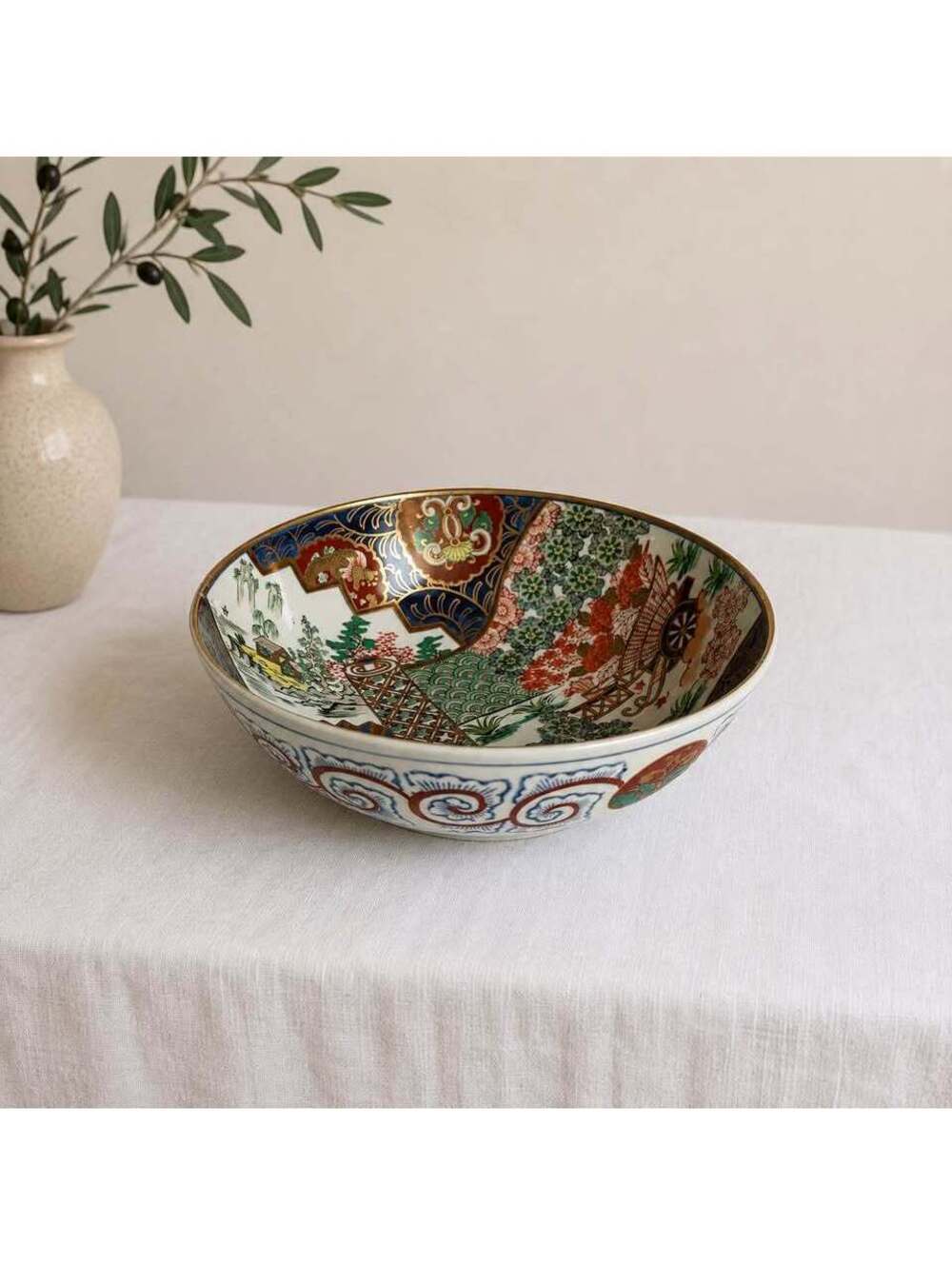 Antique Japanese Kutani Porcelain Bowl 9” Hand Painted Gold Meiji Taisho Repair